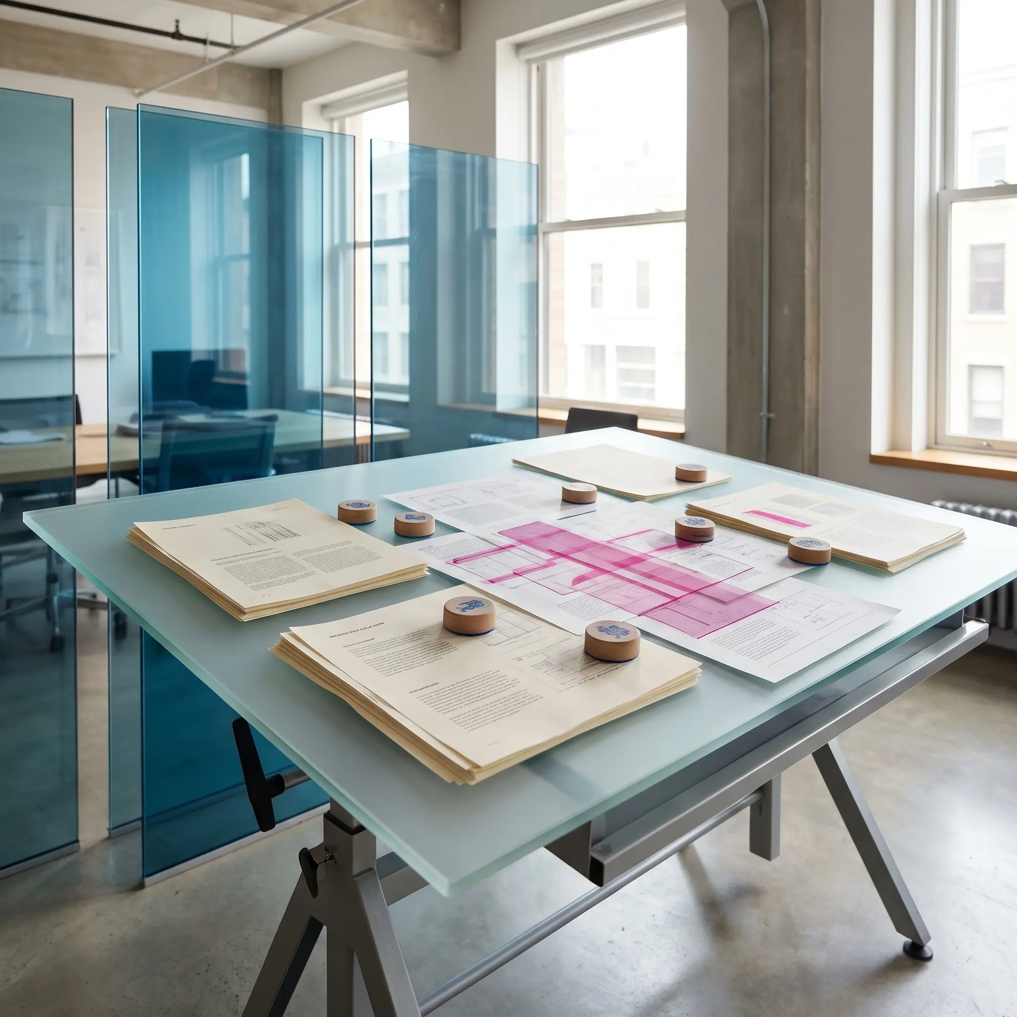 AI policy terms studio with clause papers, consent stamps, and drafting tools